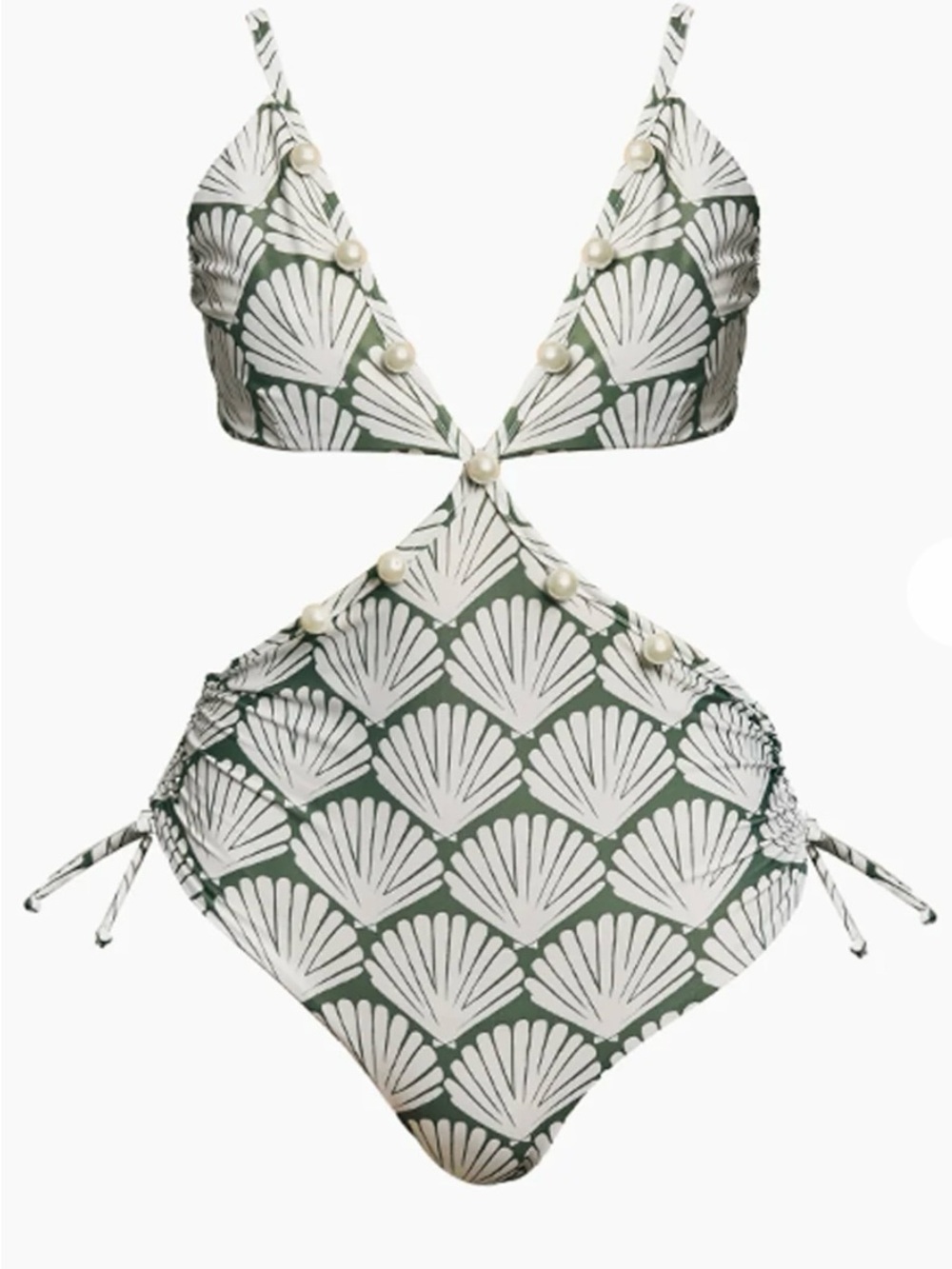 Green Shell-Print Cutout One-Piece Swimsuit with Pearl Accents + Matching Pants